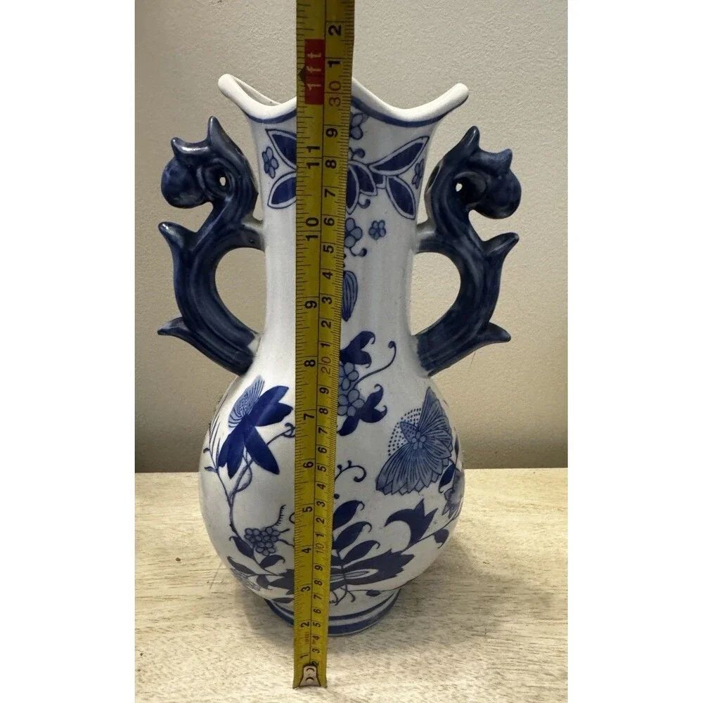 Vintage Formalities by Baum Bros Blue Onion Porcelain Vase w/ Dragon Handles 12”